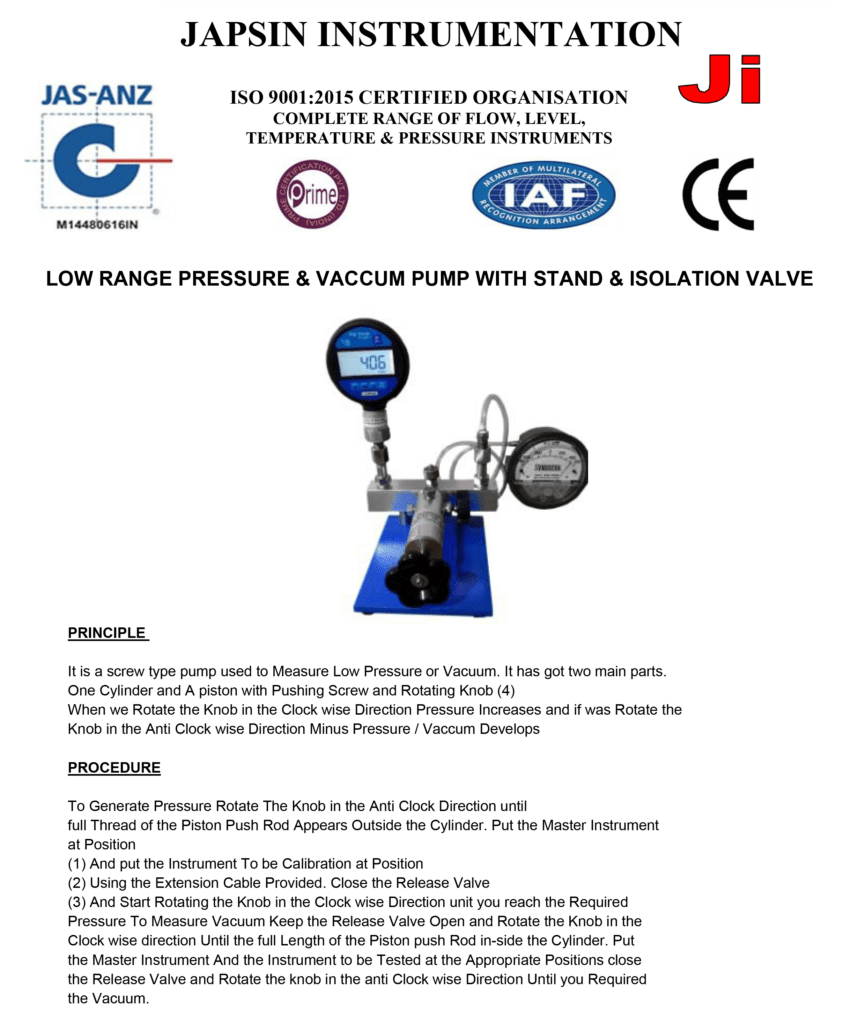 Low Range Pressure Calibrator