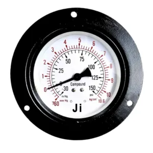 Japsin Instrumentation commercial compound gauge -760 mmHg to 10.6 Kg cm2 -30 inHg to 150 PSI 100 mm dial panel mounting back entry 3/8 BSP MS case brass internals