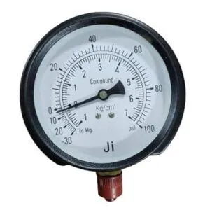 Commercial Compound Gauge, Dial Size 4" (100 mm), Mild Steel Powder Coated Case & Brass Internals, Range -1 to 7 Kg/Cm2 with Dual Scale of -30 inHg to 100 PSI, Surface Mounting Bottom Entry, Connection 3/8" BSP (M), Accuracy 2% FSD