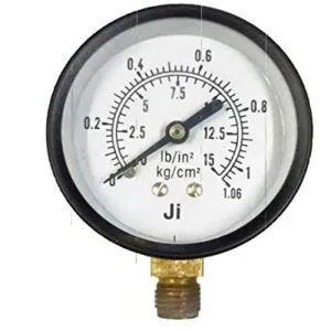 Commercial Pressure Gauge, 2 1/2" Dial, Range 0 to 1.06 Kg/Cm2 With Dual Scale of 15 PSI , Direct Mounting Bottom Entry, Connection 1/4" BSP (M) MS Case & Brass Wetted Parts