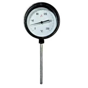 Japsin Instrumentation bimetal dial thermometer temperature gauge 0 to 200 degree C 4 inch dial bottom entry 6 inch stem below thread 10 mm OD 1/2 BSP aluminium case stainless steel stem