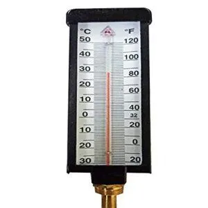 Japsin Instrumentation industrial Taylor type thermometer 0 to 50 degree Celsius 120 degree Fahrenheit dual scale with 75 mm stem 1/2 inch BSP male connection and 150 mm plastic body