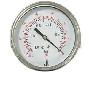 Economical Vacuum Gauge, Dial Size 4" (100 mm), Range -1 to 0 Bar with Dual Scale of -14.5 PSI, Direct Mounting Back Entry with Bracket, SS Case 304 Internal Brass MOC, Connection 1/2" BSP (M), Accuracy 1.6% FSD