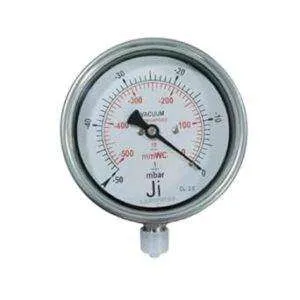 Industrial Capsule Vaccum Gauge, Dial Size 4" (100 mm), Stainless Steel 304 Case Bayonet Type & SS 316L Internals, Range 500 mmWC to 0 - 50 mbar to 0, Direct Mounting Bottom Entry, Connection 3/8" BSP (M), Accuracy 1.6% FSD