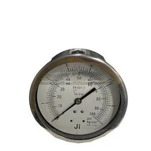 Economical Pressure Gauge Glycerin Filled, Dial Size 4" (100 mm), Stainless Steel 304 Case Crimping Type & SS Internals, Range 0 to 7 Kg/Cm2 with Dual Scale of 100 PSI, Direct Mounting Back Entry, Connection 3/8" BSP (M), Accuracy 1.6% FSD