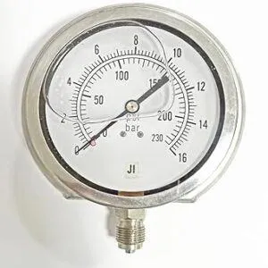 Economical Pressure Gauge Glycerin Filled, Dial Size 4" (100 mm), Stainless Steel 304 Case Crimping Type & SS Internals, Range 0 to 16 Bar with Dual Scale of 230 PSI, Surface Mounting Bottom Entry, Connection 3/8" BSP (M), Accuracy 1.6% FSD