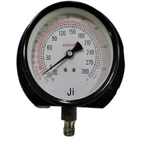 Commercial Freon Gauge, Dial Size 4" (100 mm), Mild Steel Powder Coated Case & Brass Internals, Range -30 inHg to 300 PSI, Surface Mounting Bottom Entry, Connection 1/8" NPT (M), Accuracy 2% FSD
