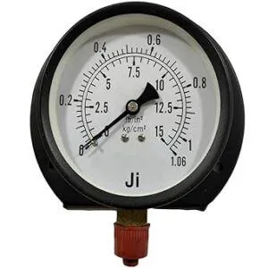 Commercial Compound Gauge, Dial Size 4" (100 mm), Mild Steel Powder Coated Case & Brass Internals, Range 0 to 1.06 Kg/Cm2 with Dual Scale of 15 PSI, Surface Mounting Bottom Entry, Connection 3/8" BSP (M), Accuracy 2% FSD
