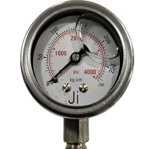 Economical Pressure Gauge Glycerin Filled, Dial Size 2" (50 mm), Stainless Steel 304 Case Crimping Type & SS Internals, Range 0 to 280 Kg/Cm2 With Dual Scale of 4000 PSI, Direct Mounting Bottom Entry, Connection 1/4" BSP (M), Accuracy 1.6% FSD