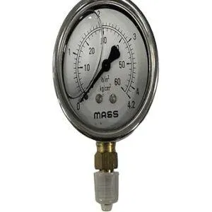 Economical Pressure Gauge Glycerin Filled, Dial Size 2 1/2" (63 mm), Stainless Steel 304 Case Crimping Type & SS Internals, Range 0 to 4.2 Kg/Cm2 With Dual Scale of 60 PSI, Direct Mounting Bottom Entry, Connection 1/4" BSP (M), Accuracy 1.6% FSD