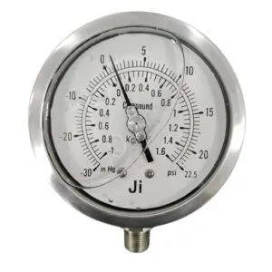 Japsin Instrumentation glycerin filled industrial compound gauge -1 to 1.6 Kg/cm² with -30 InHg to 22.5 PSI dual scale 4 inch dial 3/8 inch NPT connection