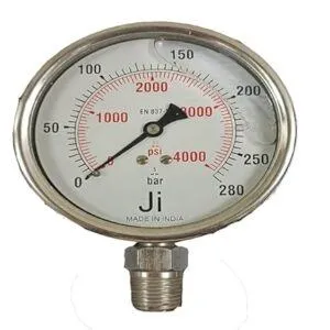 Economical Pressure Gauge Glycerin Filled, Dial Size 4" (100 mm), Stainless Steel 304 Case Crimping Type & SS Internals, Range 0 to 280 Bar with Dual Scale of 4000 PSI, Direct Mounting Bottom Entry, Connection 1/2" NPT (M), Accuracy 1.6% FSD