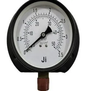 Commercial Pressure Gauge, Dial Size 4" (100 mm), Mild Steel Powder Coated Case & Brass Internals, Range 0 to 3.5 Kg/Cm2 with Dual Scale of 50 PSI, Surface Mounting Bottom Entry, Connection 3/8" BSP (M), Accuracy 2% FSD