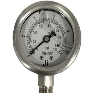 Industrial Glycerin Filled Pressure Gauge, Dial Size 2" (50 mm), Stainless Steel 304 Case Bayonet Type & SS 316L Internals, Range 0 to 10.6 Kg/Cm2 with Dual Scale of 150 PSI, Direct Mounting Bottom Entry, Connection 1/4" NPT (M), Accuracy 1.6% FSD