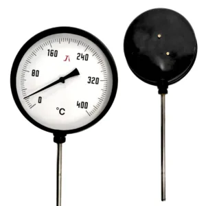 Japsin Instrumentation bi-metal dial thermometer temperature gauge 0 to 400 degree C 6 inch dial 9 inch stem below thread bottom entry 10 mm OD 1/2 BSP MS case stainless steel stem