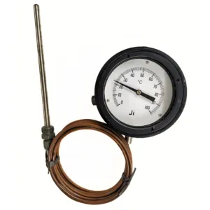Japsin Instrumentation capillary type dial thermometer 0 to 100 degree C 4 inch dial direct bottom mounting with bracket 3 metre copper capillary 9 inch stainless steel stem 10 mm OD 1/2 BSP aluminium case
