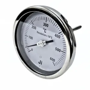 Japsin Instrumentation bimetal dial thermometer temperature gauge 0 to 600 degree C 4 inch dial back entry 6 inch stem 10 mm OD 1/2 BSP stainless steel case SS wetted part