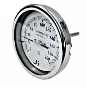 Japsin Instrumentation bimetal dial thermometer temperature gauge 0 to 200 degree C 4 inch dial 4 inch stem back entry 10 mm OD 1/2 BSP stainless steel case SS wetted parts