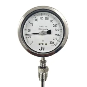 Japsin Instrumentation gas filled dial thermometer 0 to 300 degree C 4 inch dial bottom entry 150 mm stem below stopper 190 mm total length 3/4 BSP stainless steel connection