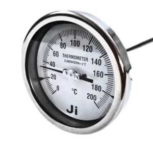 Japsin Instrumentation bimetal dial thermometer temperature gauge 0 to 200 degree C 4 inch dial back entry 12 inch stem 10 mm OD 1/2 BSP stainless steel case SS wetted parts