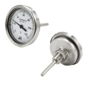 Japsin Instrumentation bimetal dial thermometer temperature gauge 0 to 120 degree C 2.5 inch dial back entry 1/2 BSP 75 mm stem stainless steel case SS wetted parts