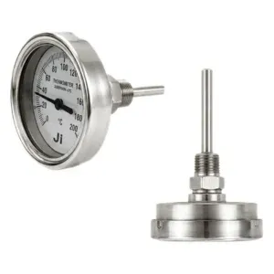 Japsin Instrumentation bimetal dial thermometer 0 to 200 degree C 2.5 inch dial back entry 1/2 BSP 75 mm stem stainless steel body