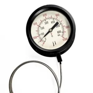 Japsin Instrumentation capillary type dial thermometer 0 to 650 degree C 1200 degree F 4 inch dial 1 metre stainless steel capillary panel mounting bottom entry 4 inch stainless steel stem 1/2 BSP aluminium case