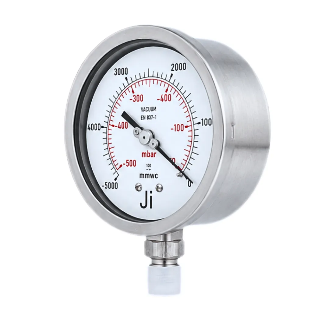 Japsin Instrumentation capsule vacuum gauge -5000 mmWC to 0 and -500 mBar to 0 with 100 mm dial stainless steel case and micro adjustable pointer