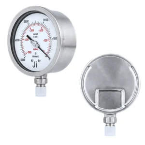 Japsin Instrumentation capsule vacuum gauge -5000 mmWC to 0 and -500 mBar to 0 with 100 mm dial stainless steel case and micro adjustable pointer