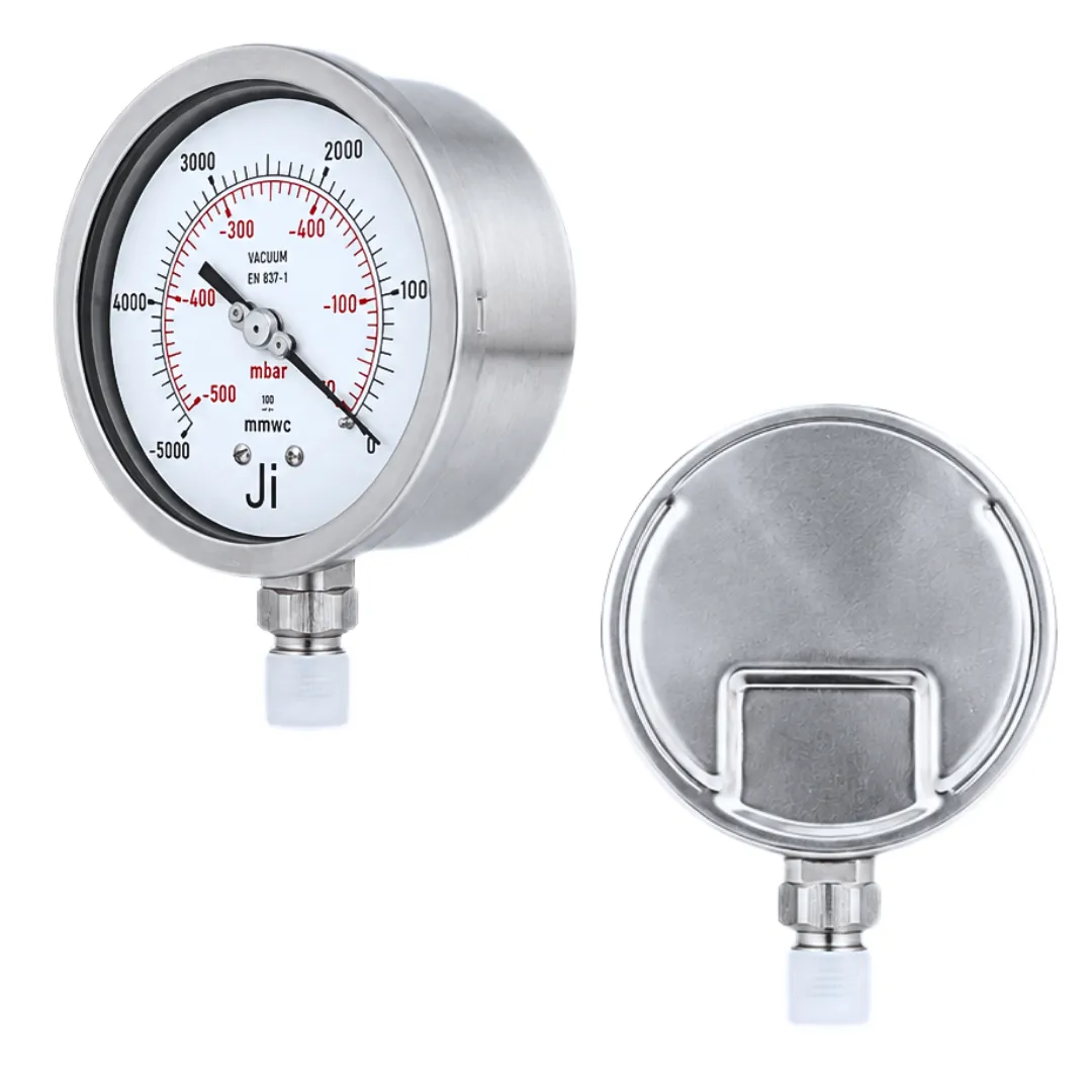 Japsin Instrumentation capsule vacuum gauge -5000 mmWC to 0 and -500 mBar to 0 with 100 mm dial stainless steel case and micro adjustable pointer