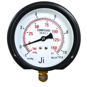 Japsin Instrumentation commercial compound gauge -1 to 10.6 Kg cm2 -760 mmHg to 150 PSI 100 mm dial surface mounting bottom entry 3/8 BSP MS case brass internals