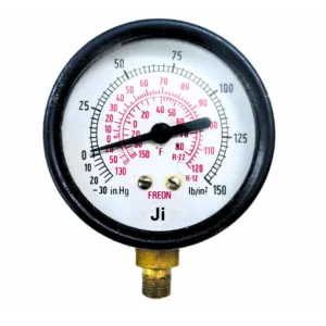 Japsin Instrumentation commercial Freon gauge -30 inHg to 150 PSI 63 mm dial bottom entry 1/8 BSP MS case brass internals