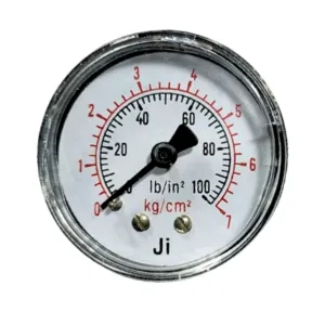 Japsin Instrumentation commercial pressure gauge 0 to 7 Kg cm2 100 PSI 1.5 inch dial back entry 1/4 BSP mild steel case brass internals