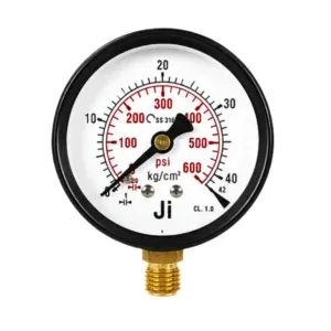 Commercial Pressure Gauge, Dial Size 2 1/2" (63 mm), Range 0 to 42 Kg/Cm2 With Dual Scale of 600 PSI, Direct Mounting Bottom Entry, 1/4" BSP (M) Connection, MS Case & Brass Internals, Accuracy 2% FSD