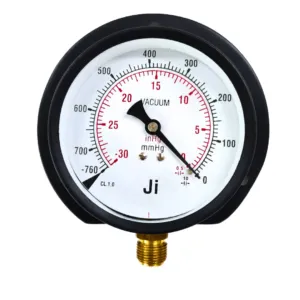 Japsin Instrumentation commercial vacuum gauge -760 mmHg to 0 -30 inHg 100 mm dial surface mounting bottom entry 3/8 BSP MS case brass internals