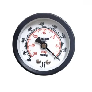 Japsin Instrumentation commercial vacuum gauge -760 mmHg to 0 -30 inHg to 0 50 mm dial back entry 1/4 BSP MS case brass internals