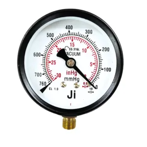 Japsin Instrumentation commercial vacuum gauge -760 mmHg to 0 -30 inHg to 0 63 mm dial bottom entry 1/4 BSP MS case brass internals