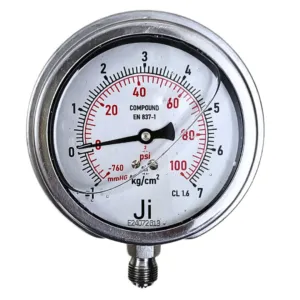 Japsin Instrumentation economical glycerin filled compound gauge -1 to 7 Kg cm2 -760 mmHg to 100 PSI 100 mm surface mounting bottom entry 3/8 BSP stainless steel bayonet case SS wetted parts