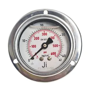 Japsin Instrumentation economical glycerin filled pressure gauge 0 to 42 Kg cm2 600 PSI 63 mm panel mounting back entry 1/4 BSP SS case SS wetted parts