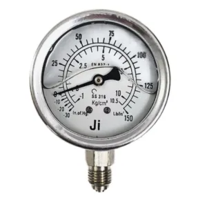 Japsin Instrumentation economical glycerin filled compound gauge -1 to 10.6 Kg cm2 -30 inHg to 150 PSI 63 mm dial bottom entry 1/4 BSP SS case SS wetted parts