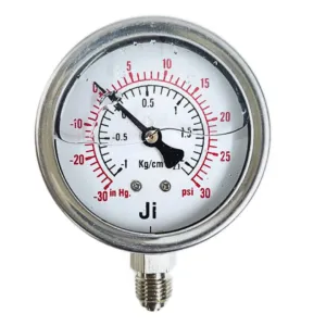 Japsin Instrumentation economical glycerin filled compound gauge -1 to 2.1 Kg cm2 -30 inHg to 30 PSI 63 mm dial bottom entry 1/4 BSP SS case SS wetted parts