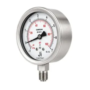 Japsin Instrumentation economical glycerin filled compound gauge -1 to 7 Bar -30 inHg to 100 PSI 63 mm dial bottom entry 1/4 BSP SS case SS wetted parts