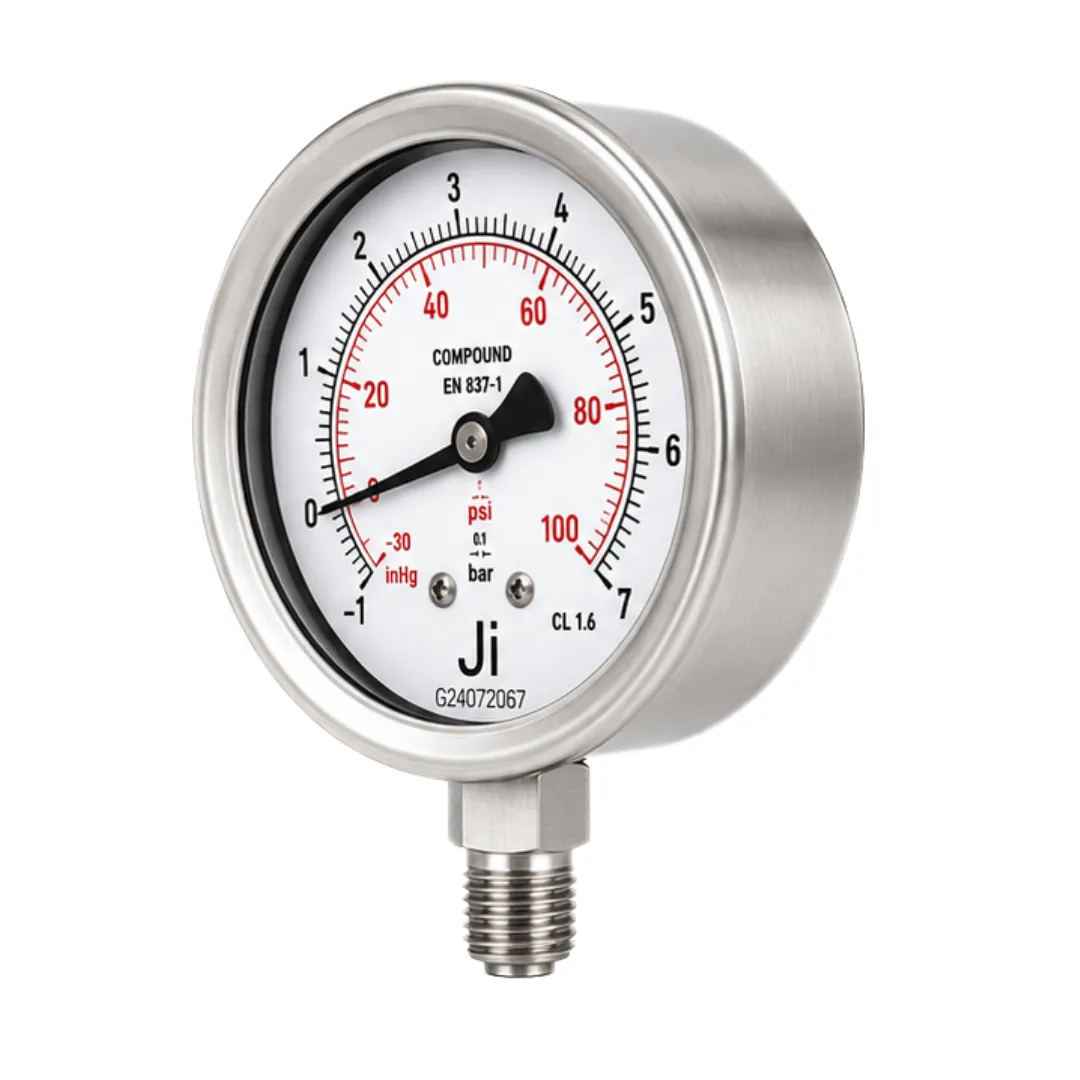 Japsin Instrumentation economical glycerin filled compound gauge -1 to 7 Bar -30 inHg to 100 PSI 63 mm dial bottom entry 1/4 BSP SS case SS wetted parts
