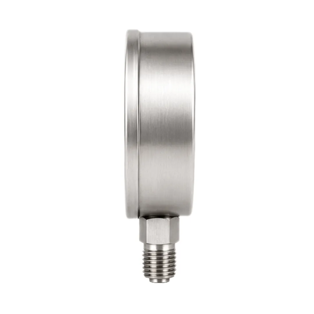 Japsin Instrumentation economical glycerin filled compound gauge -1 to 7 Bar -30 inHg to 100 PSI 63 mm dial bottom entry 1/4 BSP SS case SS wetted parts
