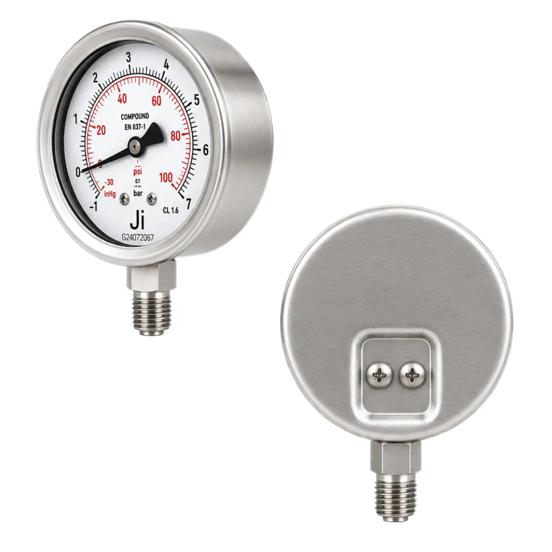 Economical Compound Gauge Glycerin Filled, 2 1/2" (63 mm) Dial, Range -1 to 7 Bar with Dual Scale of -30 inHg to 100 PSI, Direct Mounting Bottom Entry, 1/4" BSP (M) Connection, SS Case & SS Wetted Parts (Case Crimping Type) - Image 3