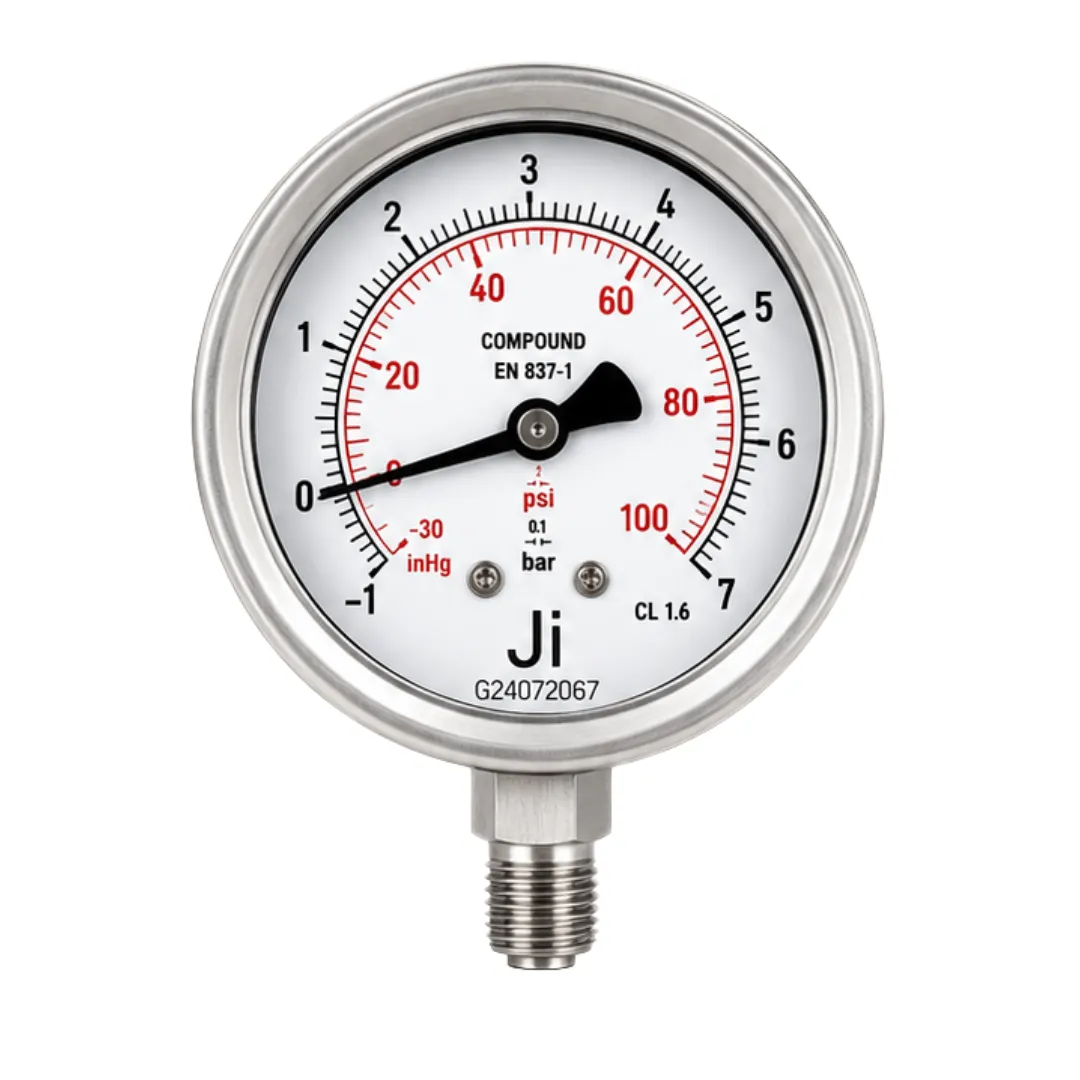 Japsin Instrumentation economical glycerin filled compound gauge -1 to 7 Bar -30 inHg to 100 PSI 63 mm dial bottom entry 1/4 BSP SS case SS wetted parts