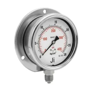 Japsin Instrumentation economical glycerin filled pressure gauge 0 to 28 Kg cm2 400 PSI 100 mm dial surface mounting bottom entry 3/8 BSP stainless steel bayonet case