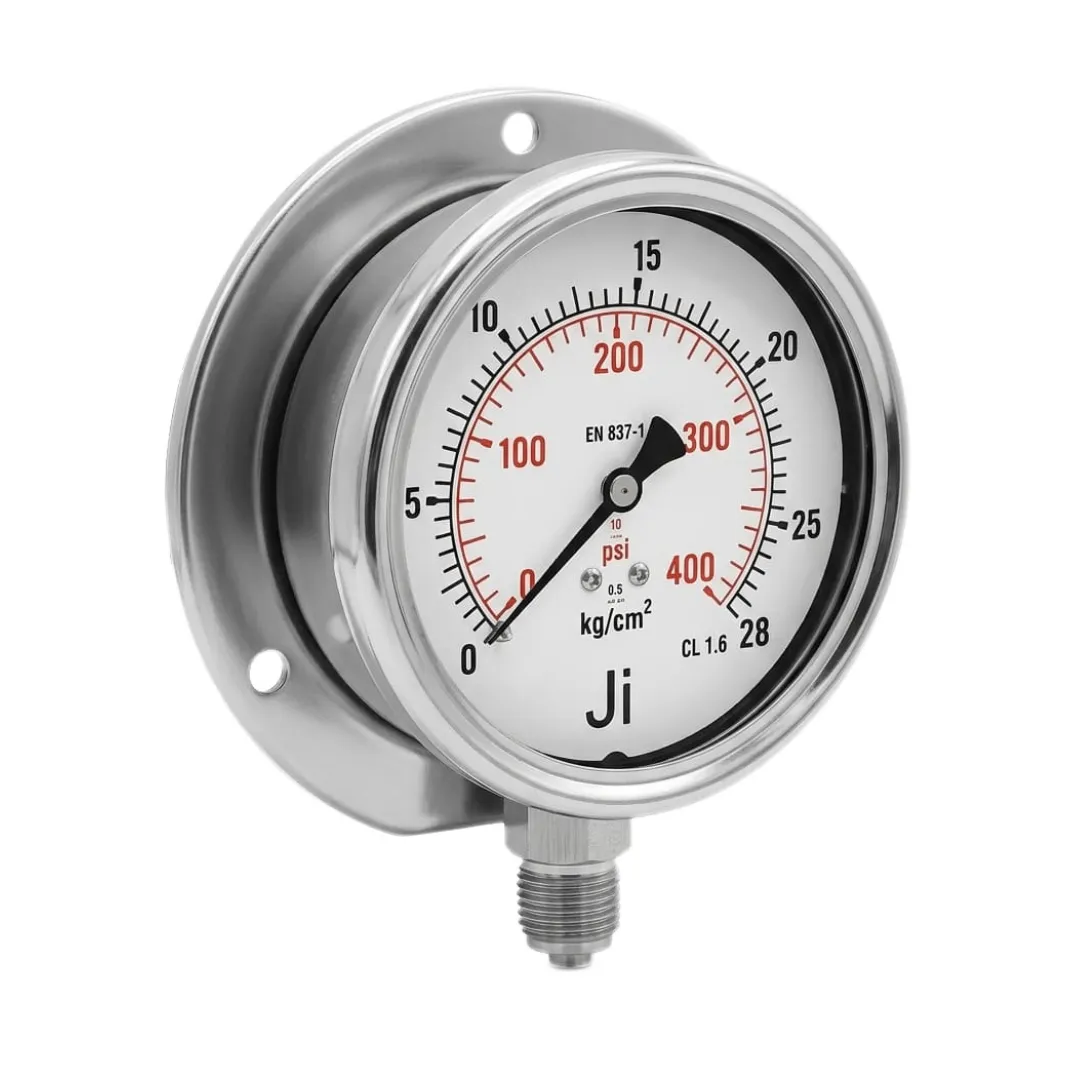 Japsin Instrumentation economical glycerin filled pressure gauge 0 to 28 Kg cm2 400 PSI 100 mm dial surface mounting bottom entry 3/8 BSP stainless steel bayonet case