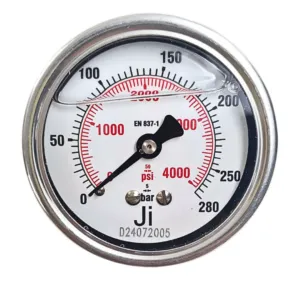 Japsin Instrumentation economical glycerin filled pressure gauge 0 to 280 Bar 4000 PSI 63 mm back entry 1/4 BSP SS case SS wetted parts