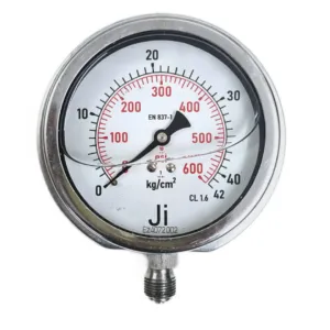 Japsin Instrumentation economical glycerin filled pressure gauge 0 to 42 Kg cm2 600 PSI 100 mm dial bottom entry 3/8 BSP stainless steel bayonet case SS wetted parts